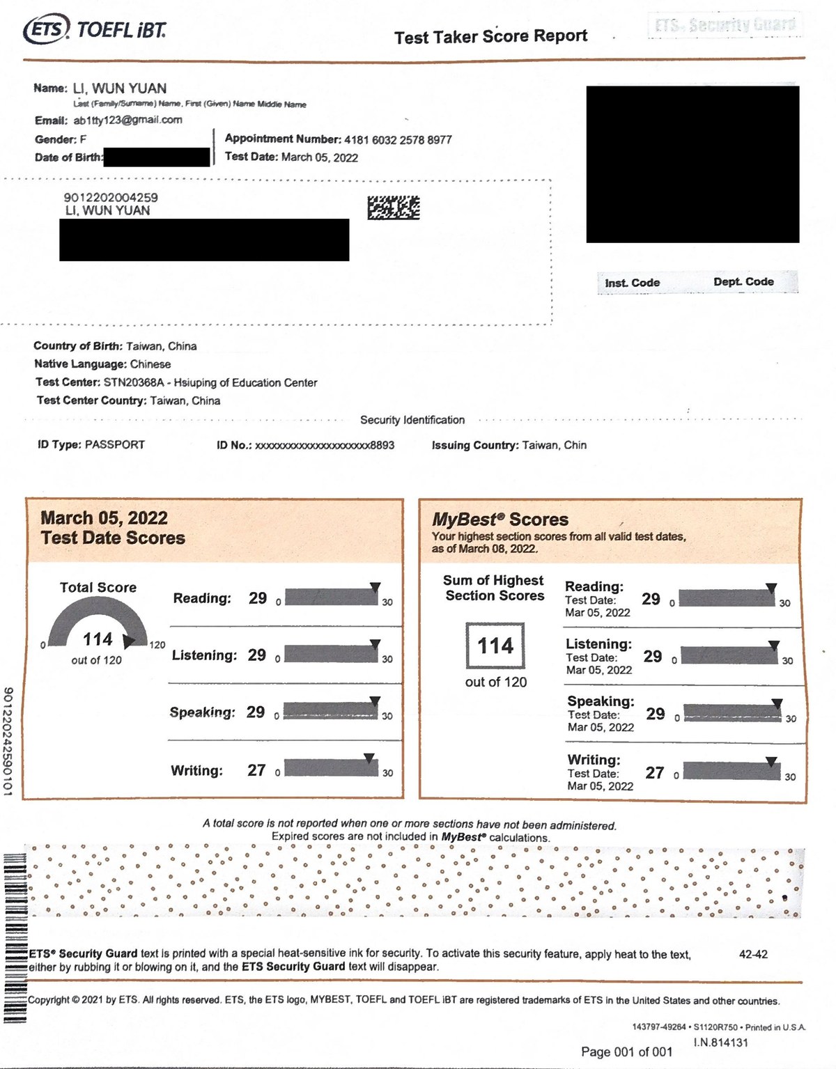 貝蒂老師 TOEFL iBT 114 / 120 官方成績單